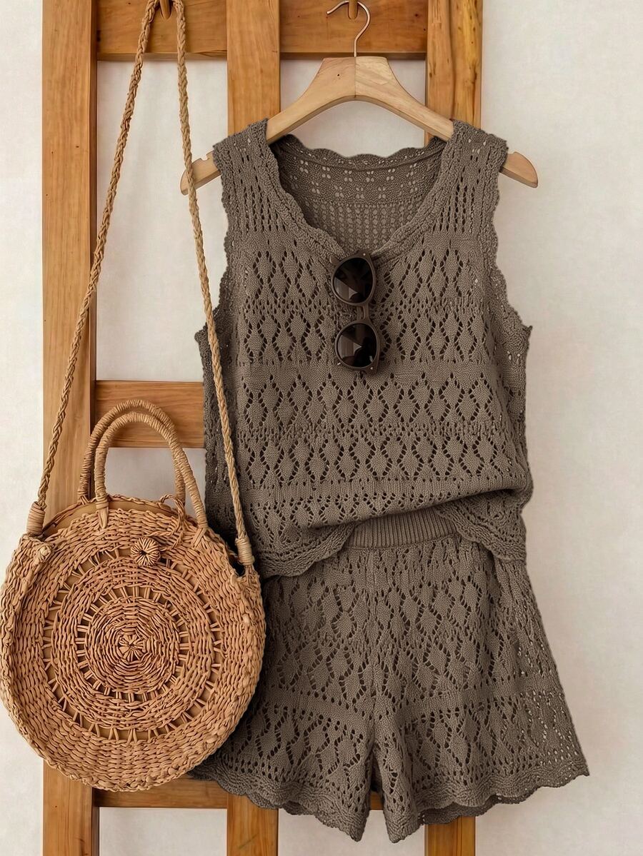 SHEIN Franclia 女款秋季極簡波希米亞度假風海灘色拼接波浪領鏤空細肩帶修身顯瘦對比色針織背心毛衣兩件套 - 摩卡棕 - 查看 1