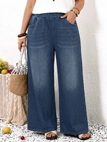 SHEIN MOD Plus Size Casual Washed Straight Leg Jeans - Medium Wash - View 6