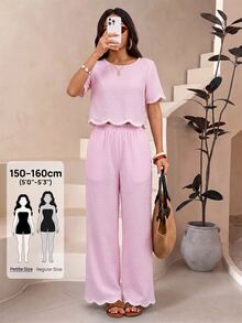 SHEIN PETITE 2件組女款夏季休閒黑白格紋對比色圓領短袖上衣與長褲套裝 - 粉色 - 查看 7