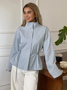 Livesso Women's Solid Color Pleated Casual Versatile Daily Long Sleeve Jacket Autumn Travel Everyday Baby Blue - Blue - View 5