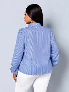SOLERSUN Plus Size Women's Fashion Casual Shirt, Long Sleeve Lantern Sleeve Stand Collar Button-Up Chinese Style Red Frog Button Blouse, Blue Fine Striped Fabric, Suitable For Daily Wear, Holiday, Commuting - Blue - View 5