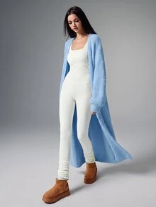 Poéselle 杏色毛絨加長版女款素色休閒針織開襟衫，秋季女裝穿搭 - 淺藍色 - 查看 3