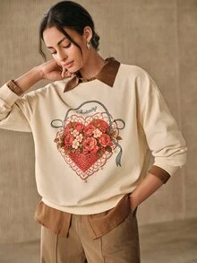 Anewsta 女款花卉印花落肩長袖休閒寬鬆衛衣 - 杏色 - 查看 6