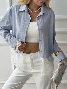 DAZY Women's Dusty Blue Long Sleeve Single-Breasted Casual Shirt Fall Office Everyday - Blue - View 3