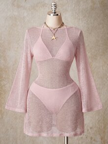SHEIN ICON 女款大尺碼純色圓領長袖沙灘度假洋裝 秋季 灰粉色 性感 - 藕粉色 - 查看 4