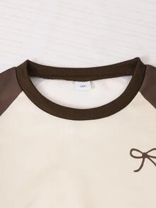 SHEIN 青少年女孩秋季套裝 粉色與酒紅色拼色插肩袖圓領運動衫搭配側條紋寬腿運動長褲 2件套 - 棕色 - 查看 4