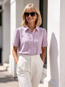 SHEIN 2026 Nueva Camisa Romántica de Mujer con Ribete de Encaje y Botones, Blusa de Manga Corta Abullonada con Cuello, Top Ligero de Color Claro y Suave, Adecuada para Uso Casual y de Oficina - Púrpura malva - Ver 4