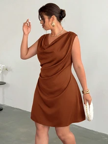 Firerie 女款杏色緞面洋裝，船領設計，長款喇叭袖，抽褶腰部，不對稱抽褶領口，極簡優雅風格，適合辦公穿著、日常通勤，春夏新品，時尚秋季女裝，外出穿著，婚禮賓客禮服 - 紅木色 - 查看 8
