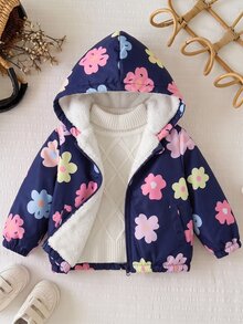 SHEIN 女嬰秋冬可愛粉色愛心圖案燈芯絨連帽保暖內裡夾克 - 彩色 - 查看 5