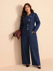 Elaquor Plus Size Autumn Casual Commute Jacket & Jeans 2 Pieces Set, Fall Winter Outfits For Women, Asymmetrical Denim Set, Office, Business, Commuter Set. - Blue - View 4