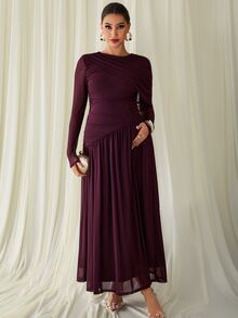MaterniChic Elegant Purple Maternity Dress With Shoulder Pleats Elegant Fall Chic - Purple - View 5