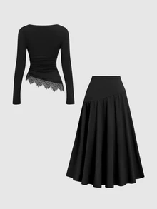 Sweetra Y2K Sexy Eyelash Trim Asymmetrical Hem Versatile Casual Commute Elegant Skirt 2 Pieces Set - Black - View 2