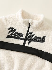 SHEIN 中性嬰兒男/女童 2件組秋冬加厚抓絨內裡時尚拼色毛絨運動衫套裝，男嬰冬季套裝，運動服，街頭風 - 黑與白 - 查看 3