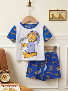 GARFIELD | SHEIN Baby Boy Cartoon Print Round Neck T-Shirt And Shorts Set - Black and White - View 1