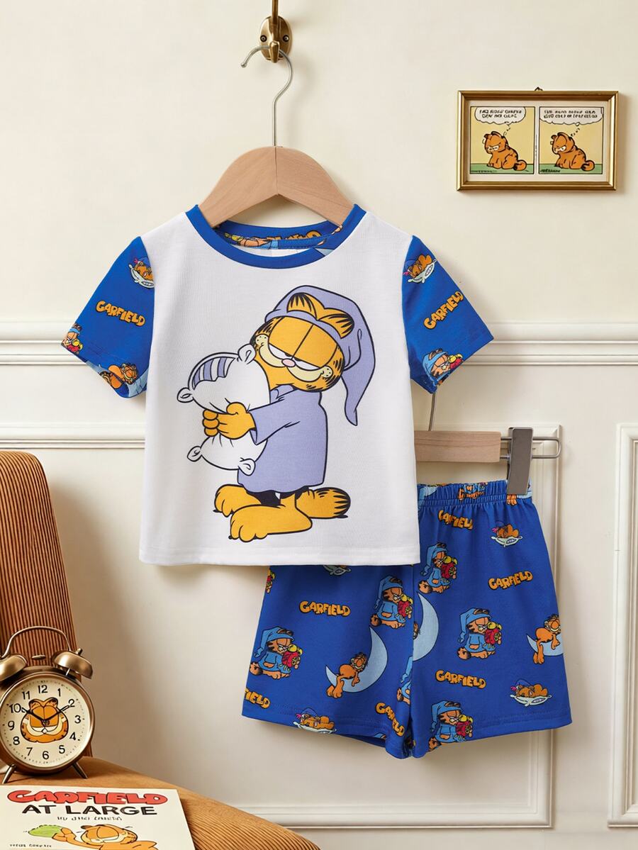 GARFIELD | SHEIN Baby Boy Cartoon Print Round Neck T-Shirt And Shorts Set - Black and White - View 1