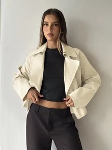 Aloruh 女款素色翻領長袖雙排扣風衣 米色 秋冬休閒商務辦公 - 米色 - 查看 7