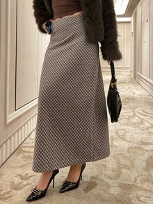 DAZY Women's Plaid Long Elegant Fashionable Skirt Fall - Khaki - View 2
