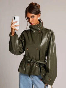 SHEIN BAE Women's Solid Color PU Leather Double-Breasted Fashion Trench Coat - Green - View 5