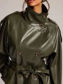 SHEIN BAE Women's Solid Color PU Leather Double-Breasted Fashion Trench Coat - Green - View 3