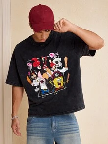 SpongeBob SquarePants | SHEIN Men's Cartoon Print Casual Versatile Daily Short Sleeve T-Shirt - Black - View 1
