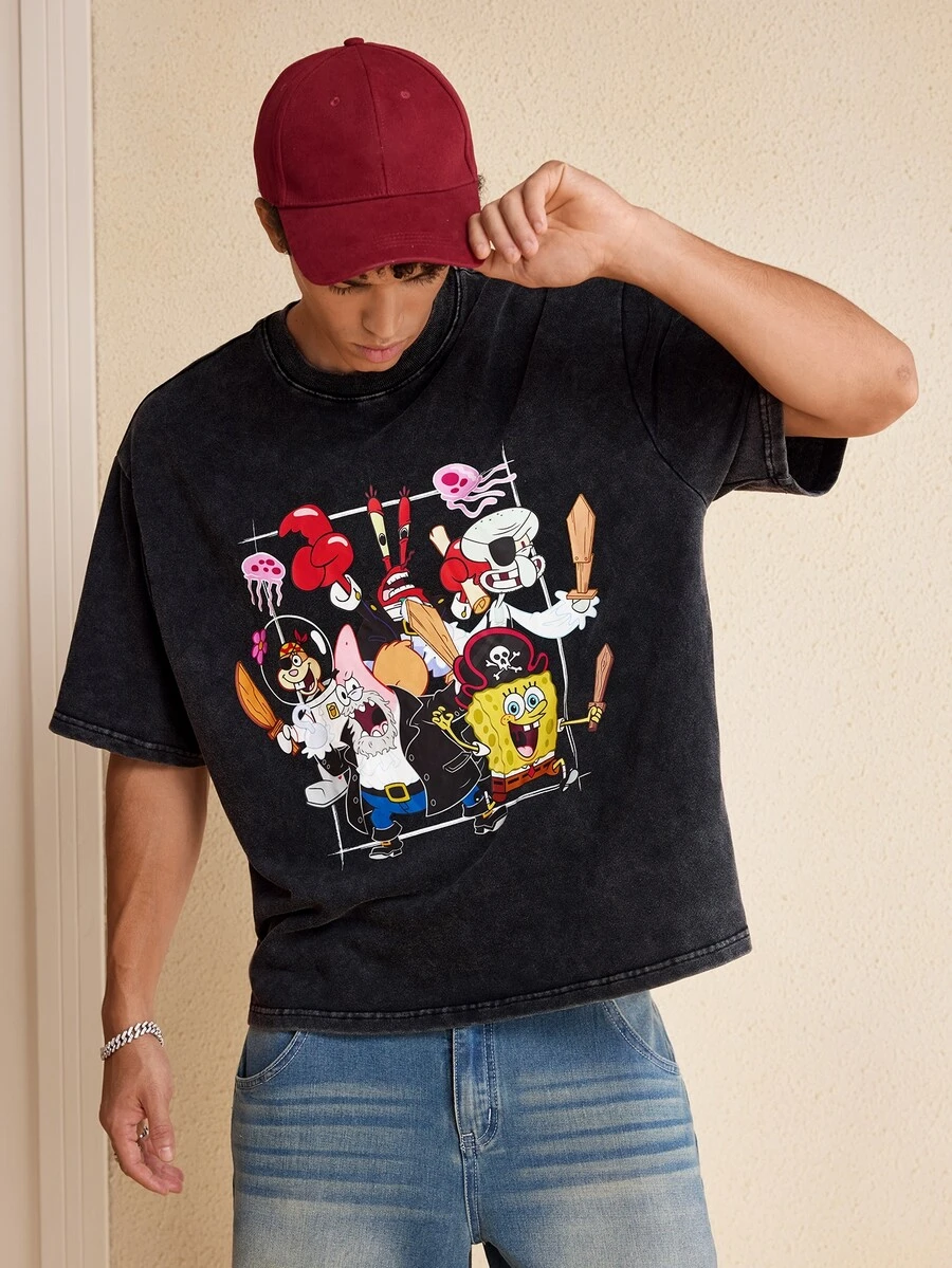 SpongeBob SquarePants | SHEIN Men's Cartoon Print Casual Versatile Daily Short Sleeve T-Shirt - Black - View 1