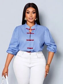 SOLERSUN Plus Size Women's Fashion Casual Shirt, Long Sleeve Lantern Sleeve Stand Collar Button-Up Chinese Style Red Frog Button Blouse, Blue Fine Striped Fabric, Suitable For Daily Wear, Holiday, Commuting - Blue - View 4