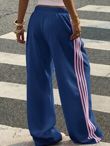 SHEIN 青少年女孩休閒時尚藍色針織寬腿休閒長褲 - 藍色 - 查看 2