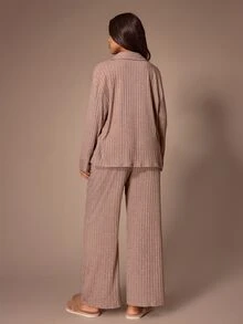 Lazeform Super Soft Ribbed Women's Plus Size Pajama Set Casual Loungewear - Pink - View 3