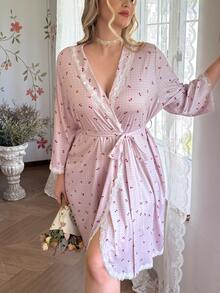 CottageSlumber Jubah Santai Rajut Motif Ceri Berenda Ukuran Besar untuk Wanita dengan Tali Pengikat di Depan - MultiWarna - View 7