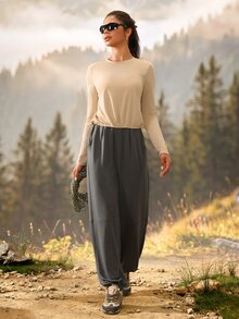 Exploreva Women's Apricot Back Tie Long Sleeve Outdoor T-Shirt - Apricot - View 4
