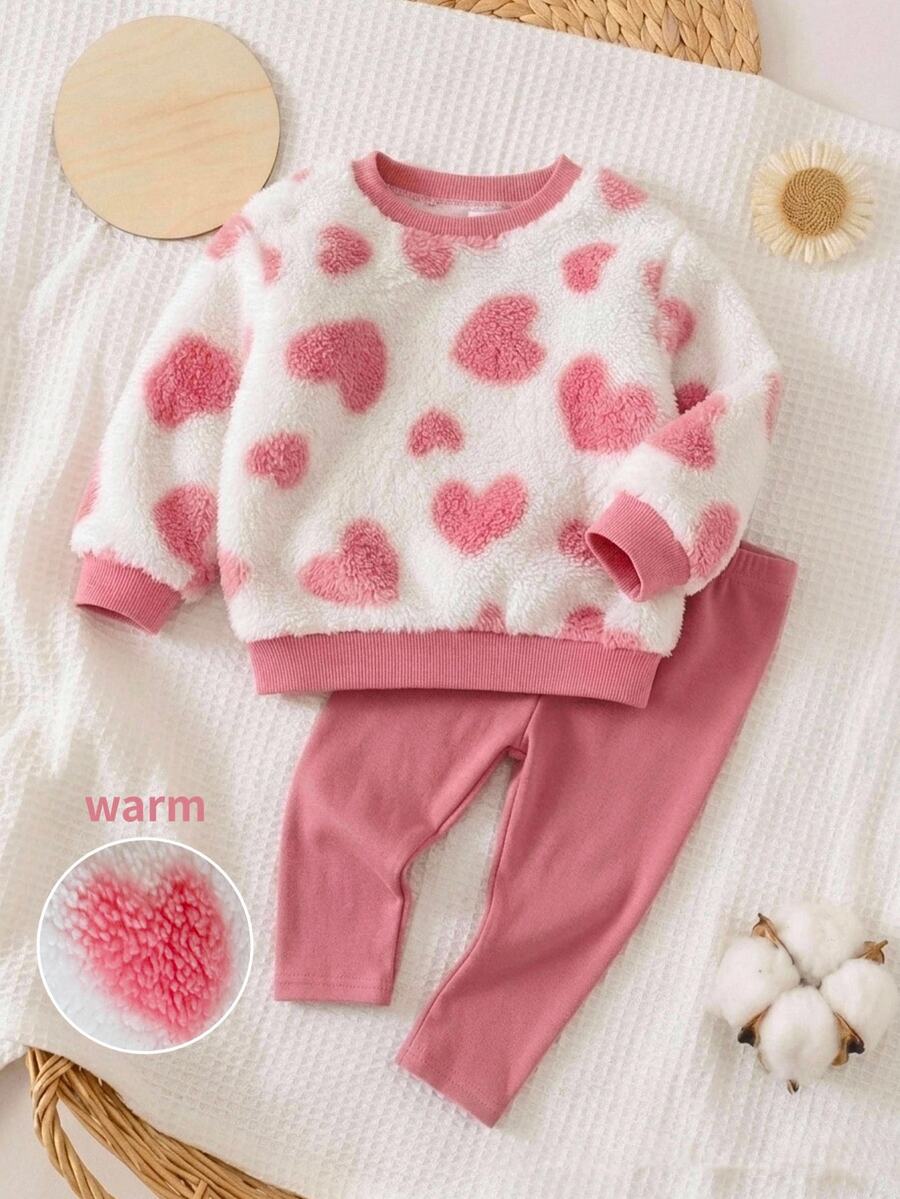 SHEIN Baby Girl Knitted Heart Pattern Faux Fur Crew Neck Casual Sweatshirt And Long Pants 2-Piece Set - Multicolor - View 1