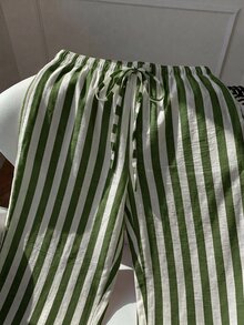 SHEIN EZwear 深綠色與白色條紋大尺碼女款繫腰寬腿長褲 - 軍綠色 - 查看 5