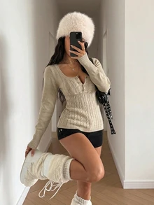 StreetHx Petite Women's Solid Color Autumn/Winter Ribbed U-Neck Button Casual Sexy Long Sleeve Sweater Top Going Out Party Khaki - Apricot - View 4