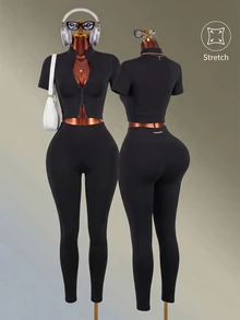 Amplova-E Women's Black Stand Collar Short Sleeve Slim Fit Knit Jacket + Tight Base Layer Long Straight Leg Sports Set Gym Workout Autumn Athleisure - Black - View 1