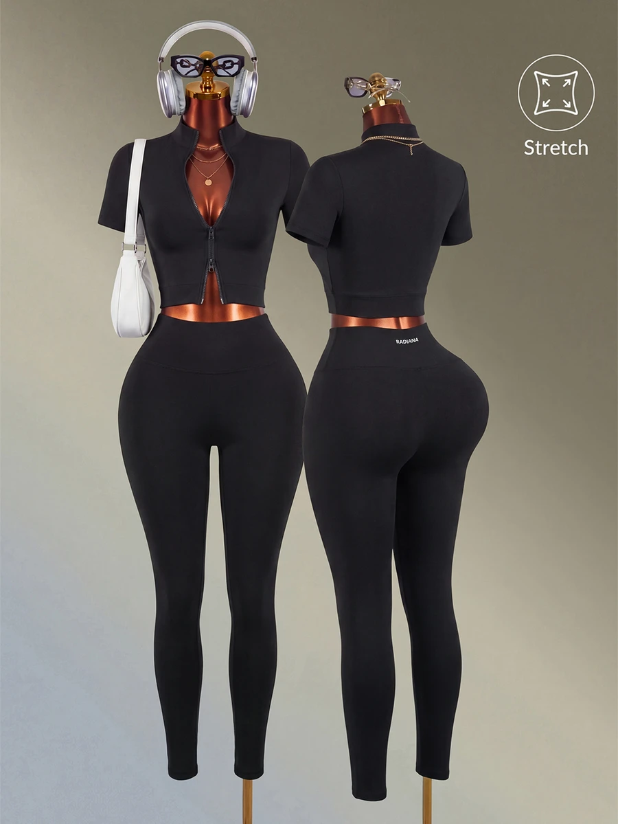 Amplova-E Women's Black Stand Collar Short Sleeve Slim Fit Knit Jacket + Tight Base Layer Long Straight Leg Sports Set Gym Workout Autumn Athleisure - Black - View 1