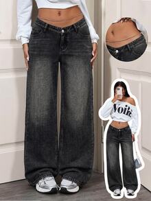 SHEIN Tall Women's Casual Versatile Straight Leg Denim Jeans With Pockets And Buttons For Daily Wear - Black - View 1