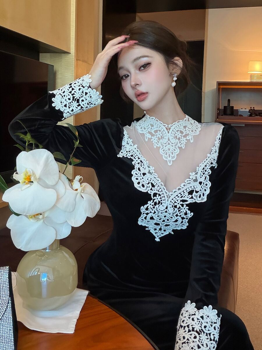 DAZY 女款對比蕾絲網紗長袖優雅中長洋裝 秋季 - 黑色 - 查看 1