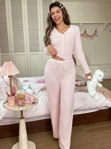 SweetSlumber Women's Bow Decor Long Sleeve Top And Long Pants Pajama Set - Pink - View 5