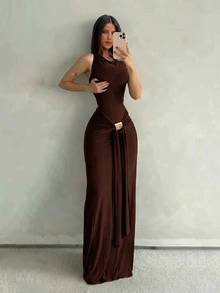 Aloruh Women's Spring/Summer Vacation New Brown Sleeveless Bodycon Fishtail Dress, Suitable For Street, Daily, Commuting - Brown - View 3