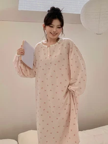 Dazy Plus Bow Print All-Over Floral Loose Casual Long Sleeve Cute Pajama Dress For Girls, Spring/Autumn - Pink - View 4
