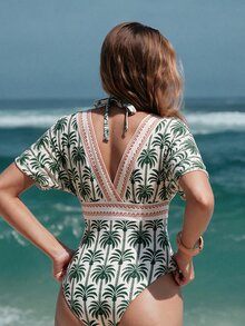 Swim Chiccia Women's South American BOHO Pattern Print Boho Mesh Tummy Control One-Piece Swimsuit - Green - View 2