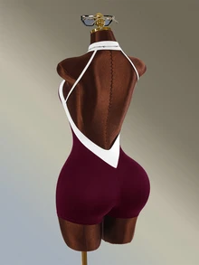 Amplova Women's Colorblock Backless Halter Neck Athletic Romper - Burgundy - View 10