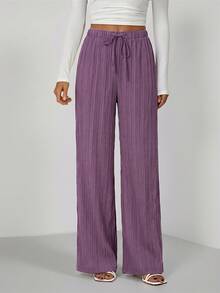 SHEIN Tall Loose Drawstring Waist Trousers In Textured Crinkle Fabric - Violet Purple - View 3