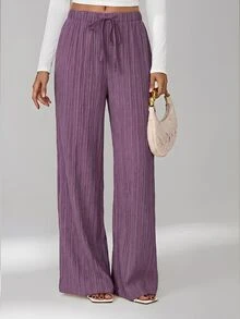 SHEIN Tall Loose Drawstring Waist Trousers In Textured Crinkle Fabric - Violet Purple - View 5