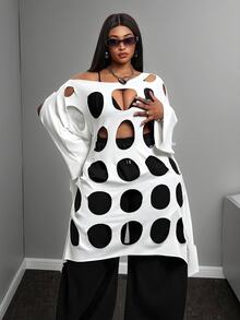 Maweii Plus Size Women's New Grey Asymmetric Shoulder Hollow Out Long Cover-Up, Loose Fit, Unique Hollow Design, Asymmetric Shoulder Cut, Sexy Outerwear Cover-Up, Street Style Vibe, Niche Personality, Summer Loose Slimming Mid-Length Hollow Out Cover-Up Dress - White - View 5