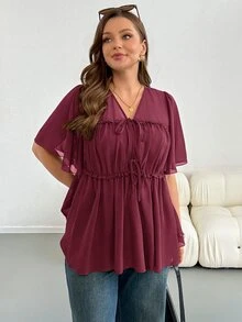 SHEIN Essnce 大尺碼夏季休閒優雅純色前綁帶襯衫 早午餐晨間穿搭 深綠色 - 中紫紅色 - 查看 5
