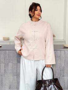 Firerie Plus Size Women's Solid Color Drop Shoulder Long Sleeve Frog Button Design Casual Jacket - Apricot - View 2