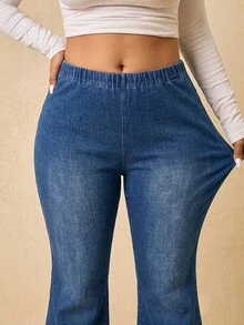 SHEIN MOD Plus Size Women's Elastic Waist Casual Versatile Flare Jeans - Medium Wash - View 5