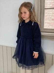 DAZY Girls' Turn Collar Knit Dress With Mesh Patchwork A-Line Waist, Cute Autumn/Winter Sweater Dress - Navy Blue - View 5