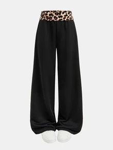 SHEIN 青少年女孩豹紋拼接黑色寬鬆休閒運動長褲，日常百搭，適合逛街、姐妹拍照，秋冬新款 - 黑色 - 查看 6